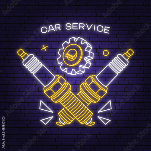 Auto service logo, emblem, badge and in neon style. Vector. For expert service car repair center, restoration with gears and spark plug. Auto repair emblem sign, night bright advertising car service