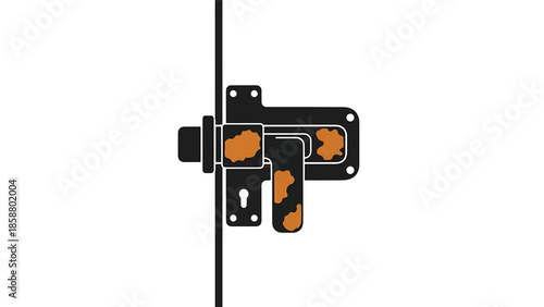 A stylized, flat design illustration of a black metal bolt latch with rust-colored accents on a white background