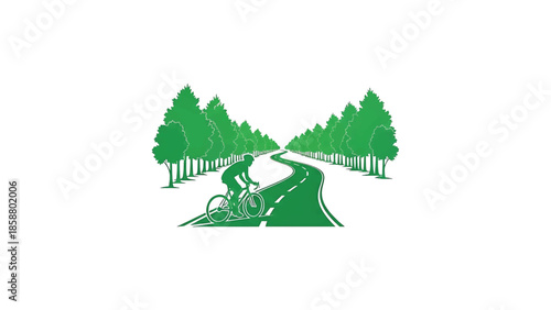 A cyclist rides along a winding green road lined with trees