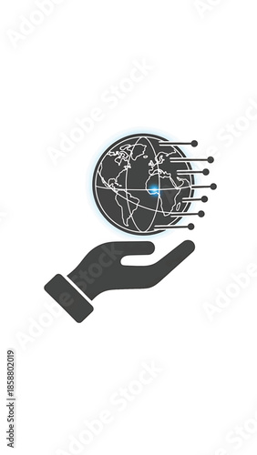 Stylized hand cradles a digital globe with glowing connections