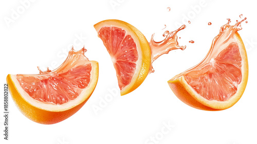 Juicy grapefruit slices splashing juice on