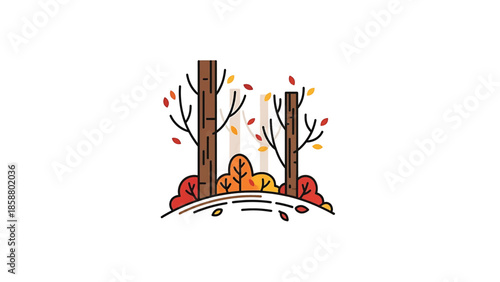 Stylized autumn trees with colorful leaves and fallen foliage on a white background