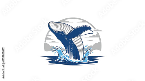 Stylized blue whale breaches from ocean waves under a sun-like arch and clouds