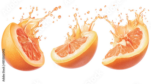 Juicy grapefruit slices splashing juice on