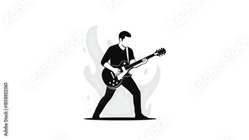 Silhouette of a musician playing an electric guitar with abstract background shapes