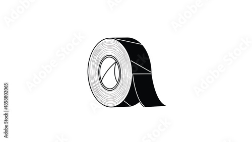 A black and white graphic of a roll of tape with a strip peeling away