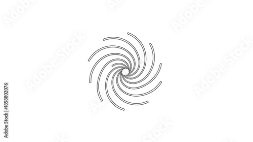A minimalist black and white spiral vortex graphic with radiating curved lines