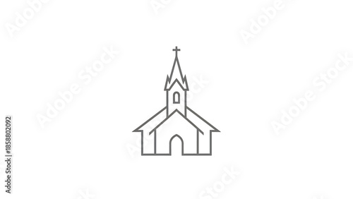 A minimalist grey line drawing of a church with a steeple and cross