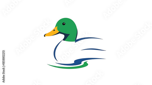 Stylized duck head and body with abstract water