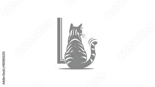 Stylized grey tabby cat facing away from a grey border with tail up
