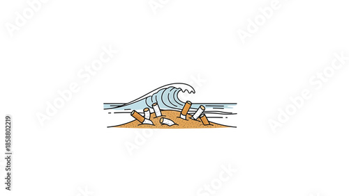 Cigarette butts litter a sandy beach as a stylized wave crashes ashore