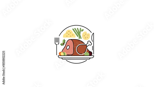 A stylized icon of a roasted chicken dinner with sides, a fork, and a knife