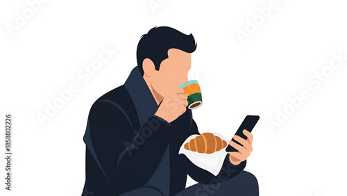 Person drinks coffee and holds a croissant and phone