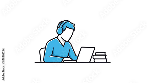 Person wearing headphones, working on a laptop next to books