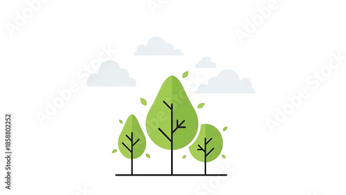 Three green trees and white clouds against a white background