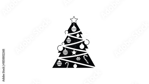 Stylized, flat black Christmas tree with ornaments, star, and candy canes