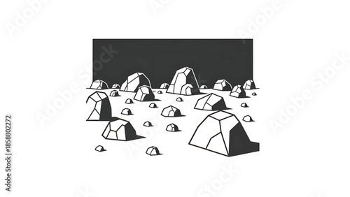 Stylized rocky landscape with geometric shapes against a dark background