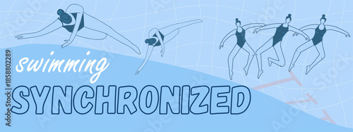 Text synchronized swimmin, women's team performance Hand drawn vector illustration.