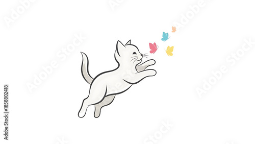 A playful white cat leaps, reaching for colorful butterflies fluttering in the air