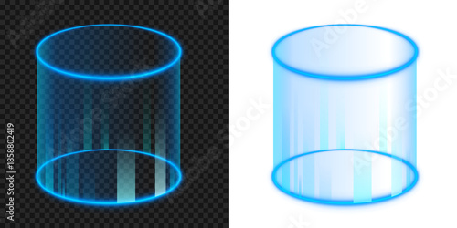 Blue glowing 3d cylinder glass room teleport portal overlay for futuristic science fiction scenes on transparent background