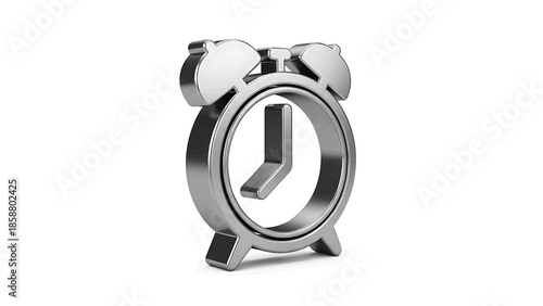 A 3D silver alarm clock, rendered on a white background, displays 158
