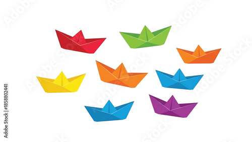 Group of colorful paper boats scattered across a white background