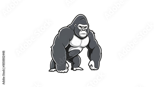 A muscular, stylized gorilla stands with a determined expression, its grey fur contrasted by a white chest