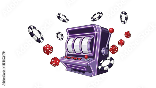 Purple slot machine with dice & chips flying around