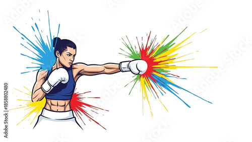 A female boxer throws a punch, creating colorful explosions of paint and energy
