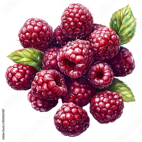 Exported raspberry clusters with water drops close-up