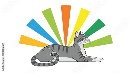 A grey tabby cat lies contentedly with a colorful sunburst behind it