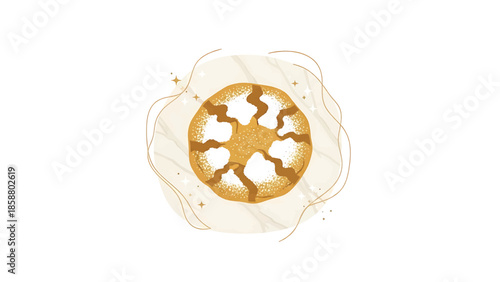 Golden pie dusted with white powder, adorned with swirling lines and sparkles