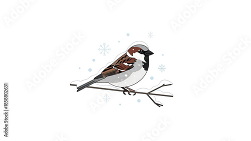 A small bird with brown and white feathers perched on a snow-covered branch, with snowflakes falling around it
