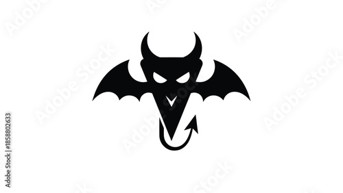 Black devil bat silhouette with sharp horns, glowing eyes, and a coiled tail on a white background