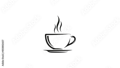 Minimalist black line art depicts a steaming cup of coffee on a saucer