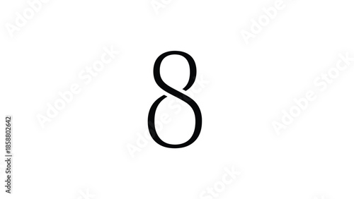 A single, bold, black numeral "8" is centrally placed on a stark white background, with its curves softly rounded
