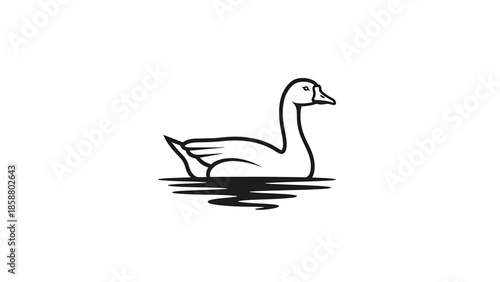 A minimalist black and white illustration of a swan swimming on water