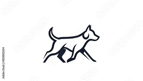 A sleek, minimalist black outline of a dog in a dynamic running pose on a white background