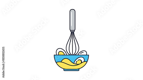 A whisk mixes yellow liquid and white egg whites in a blue bowl
