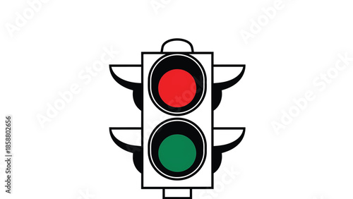 Vertical traffic signal with red light illuminated above a green light