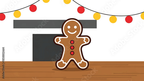 A smiling gingerbread man stands on wooden planks before a gray fireplace, with festive red and yellow lights above