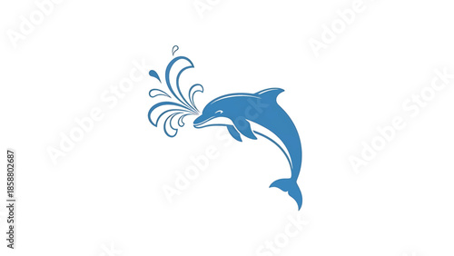 A stylized blue dolphin arches gracefully, expelling a spray of water
