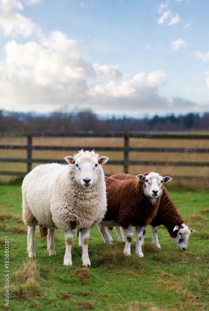 Fototapeta premium Three sheep, two gazing at the camera, one grazing in a green pastoral