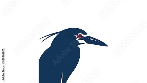 Close-up stylized depiction of a dark blue bird with a piercing red eye and sharp beak