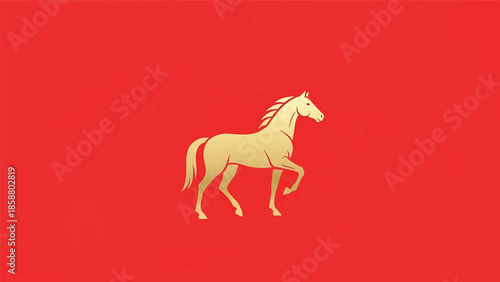 Stylized golden horse profile on a bright red background