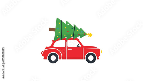 A stylized red car drives a decorated green Christmas tree