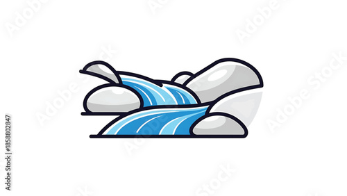 Stylized blue water cascades over smooth grey rocks