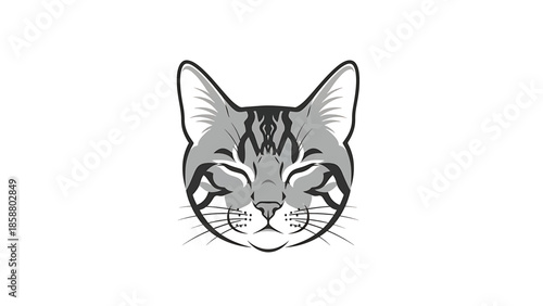 A stylized, monochrome cat face with closed eyes and prominent whiskers