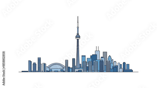 Stylized skyline featuring a prominent tall tower and various modern buildings in shades of blue on a white background
