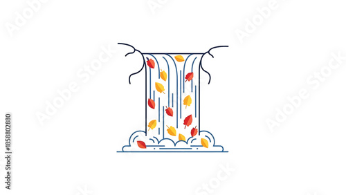 Stylized waterfall with falling autumn leaves and abstract water splashes